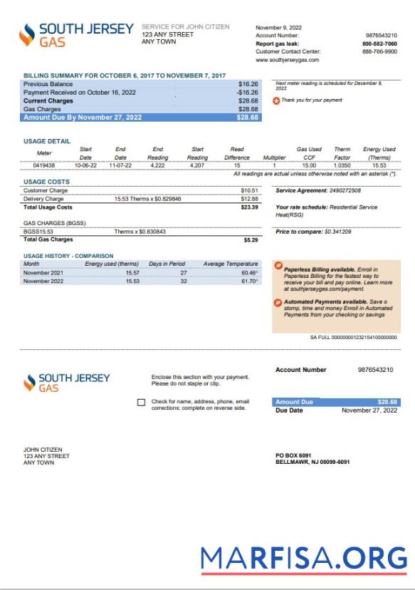 Blank USA New Jersey South Jersey Gas utility bill template in Word and PDF format